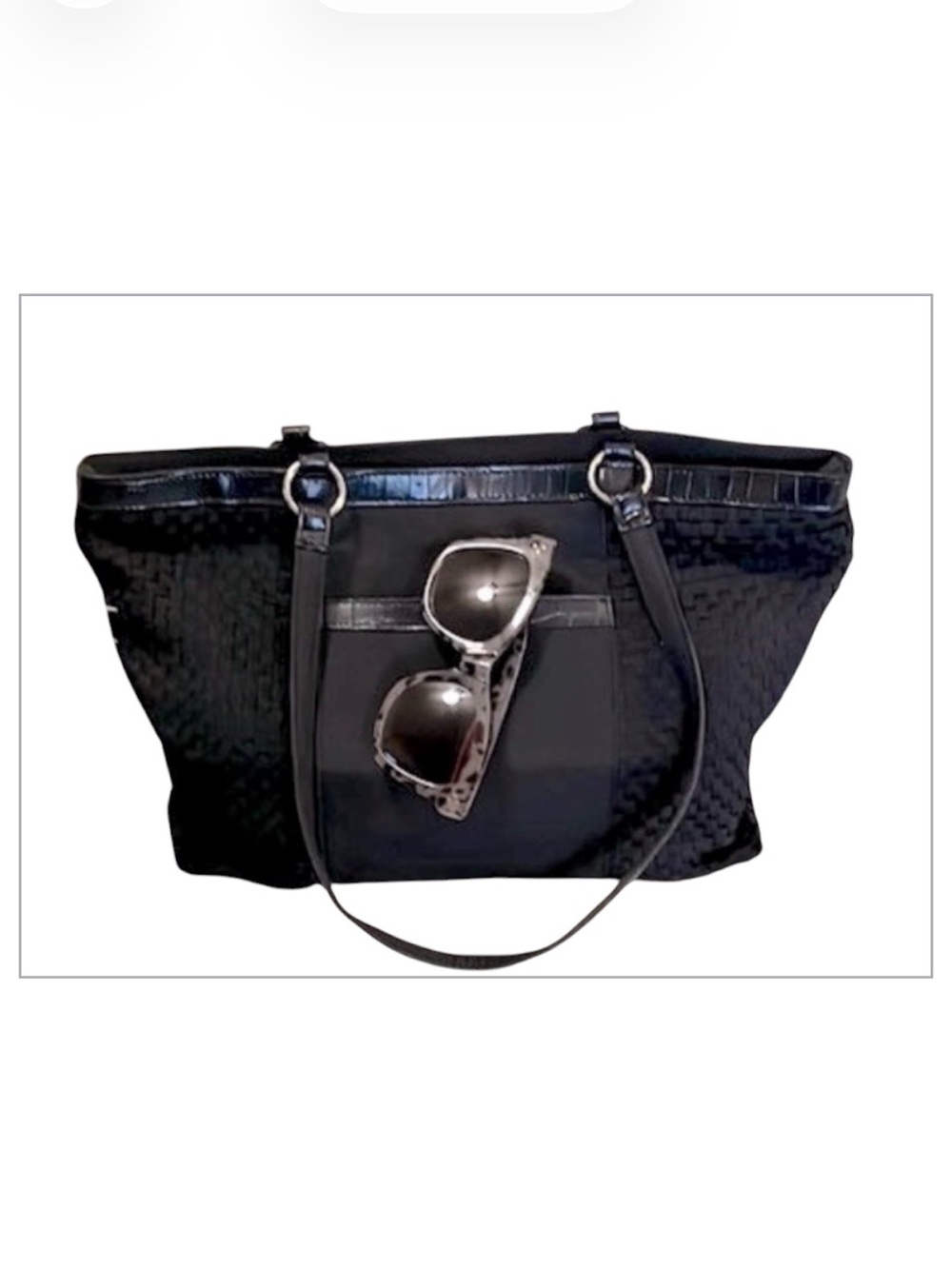 Coldwater Creek Women’s Black Woven Nylon Tote Purse Faux Leather Trim